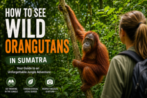 Wild Sumatran orangutan in Gunung Leuser National Park, Bukit Lawang, Sumatra, Indonesia during an ethical jungle trekking tour with local guides.