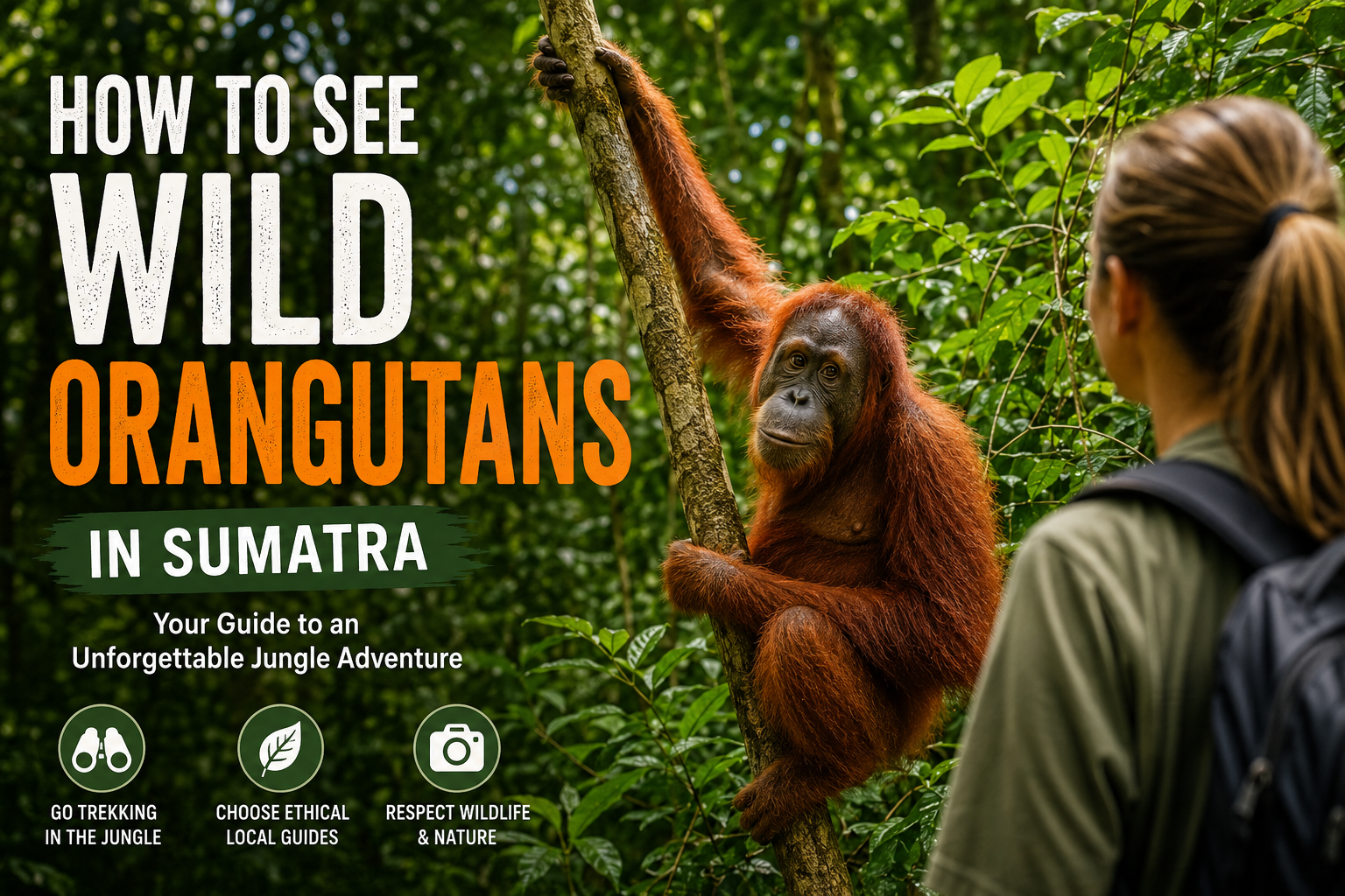Wild Sumatran orangutan in Gunung Leuser National Park, Bukit Lawang, Sumatra, Indonesia during an ethical jungle trekking tour with local guides.